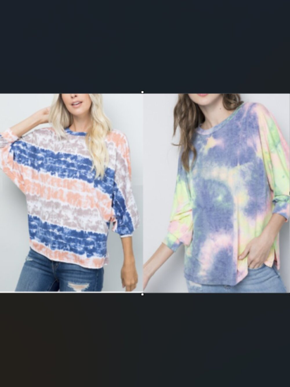 2  NWOT Tie dye tops 3/4 dolman sleeve top. Relaxed fit woman size S